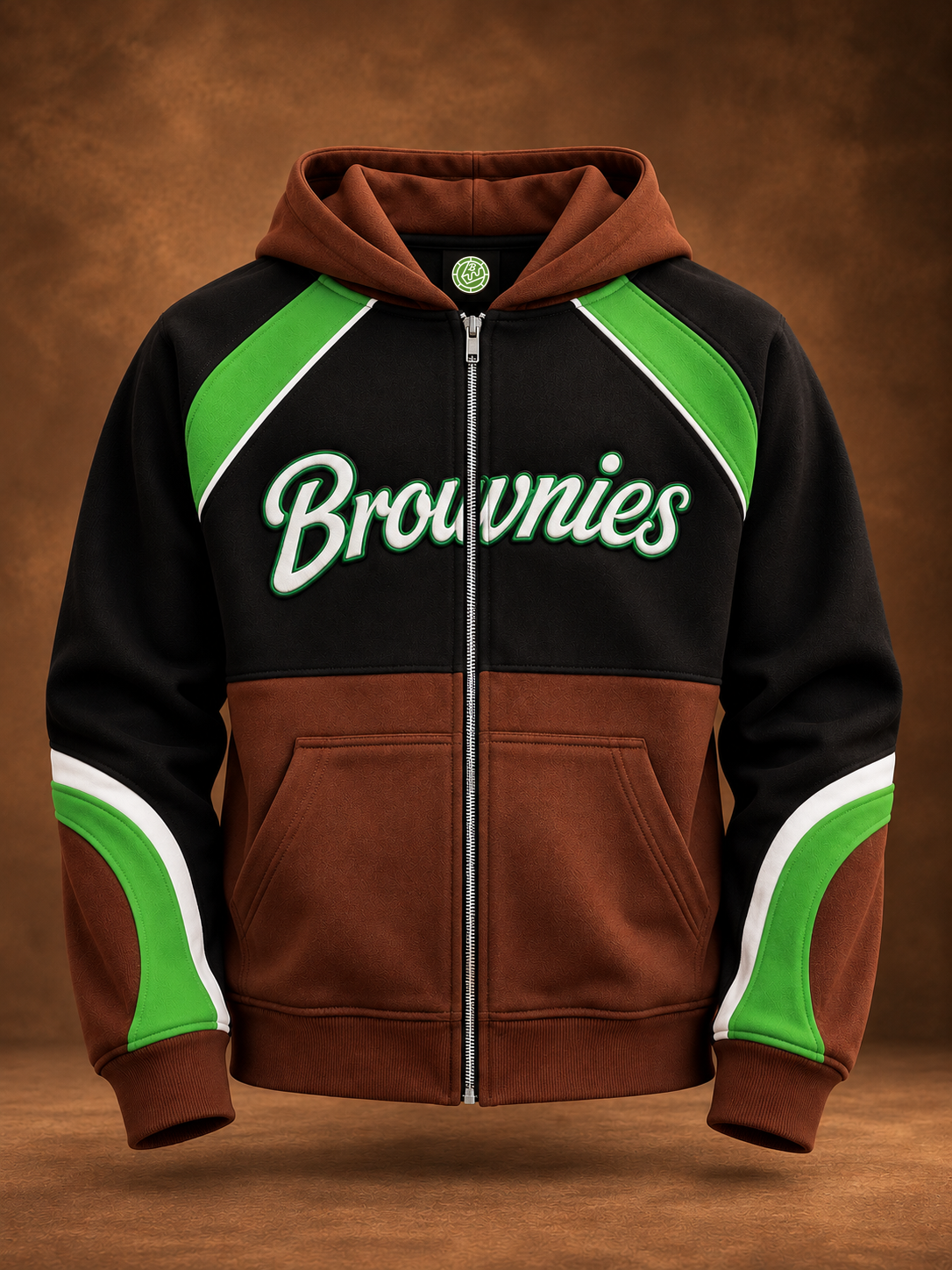 A brown and black color-block zip-up hoodie with green and white accents, featuring the word 'Brownies' in white script across the chest, displayed against a textured brown background.