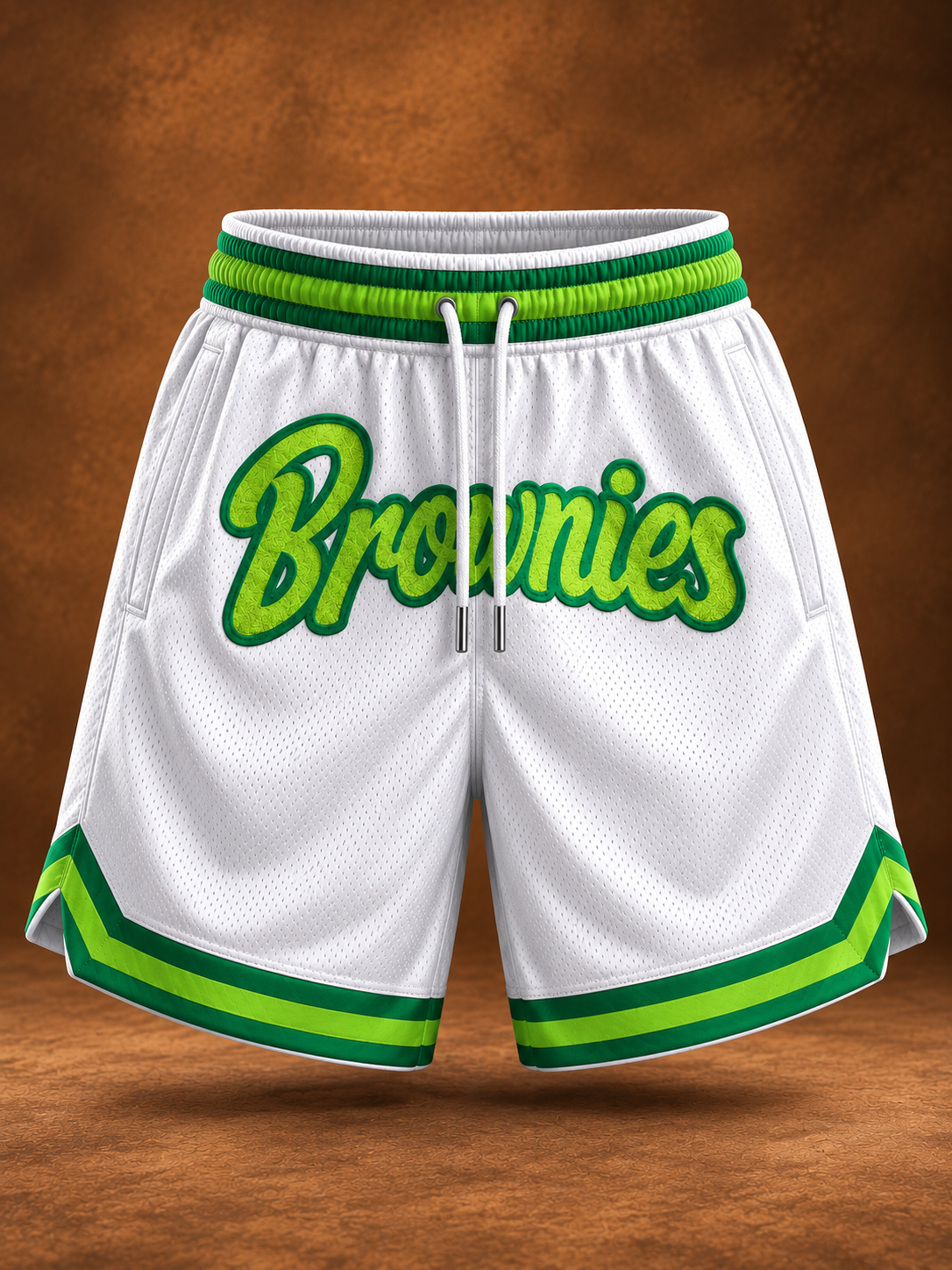 White basketball shorts with green and lime green trim, featuring the word 'Brownies' in green script across the front, shown against a brown textured background.