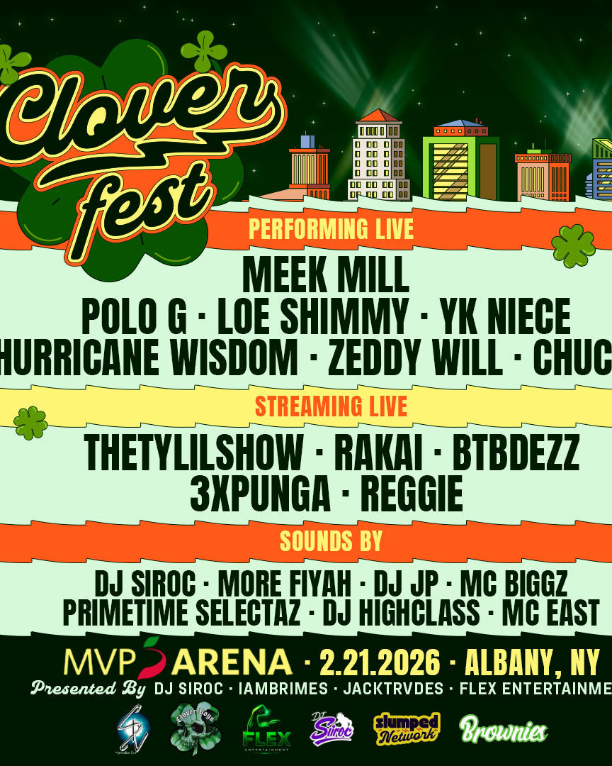 Promotional flyer for Clover Fest, featuring a dark green background with a stylized city skyline, shamrocks, and a large 'Clover fest' logo. The flyer lists performing and streaming live acts, sounds by DJs, and the MVP Arena location in Albany, NY, with multiple brand logos at the bottom.