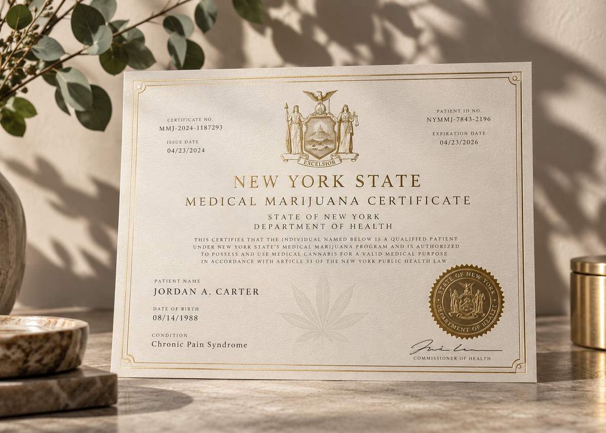 A novelty New York State Medical Marijuana Certificate card styled on a wooden surface with eucalyptus branches and a candle in the background.