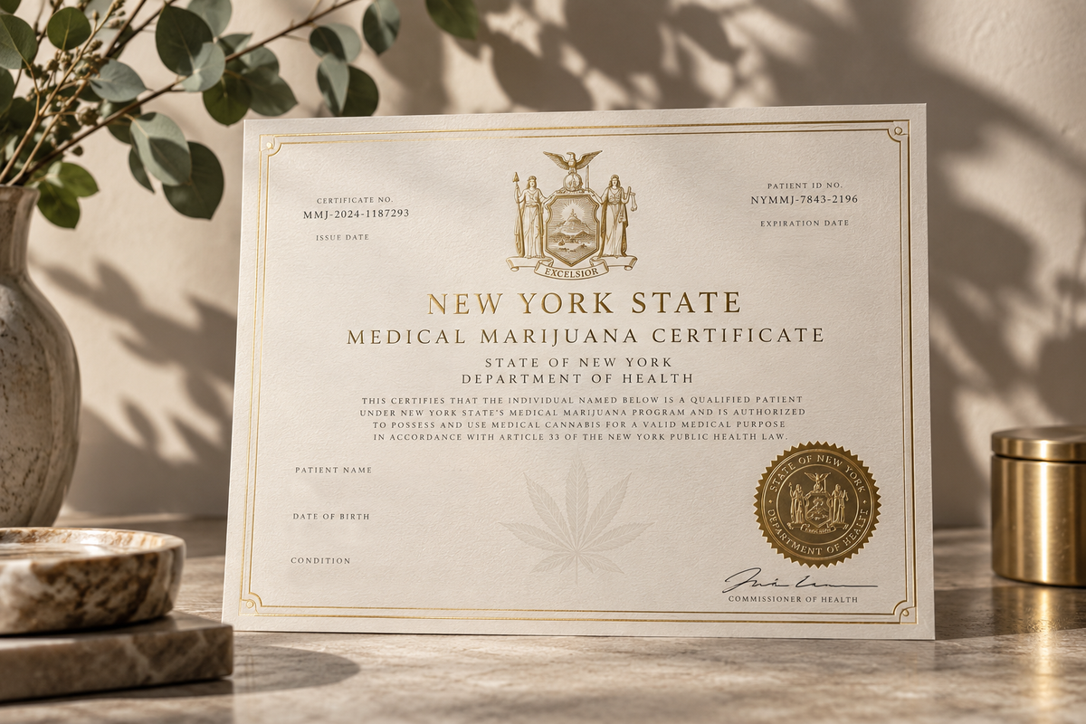 A New York State Medical Marijuana Certificate document displayed upright on a tabletop, with decorative eucalyptus branches and small brass containers in the background.